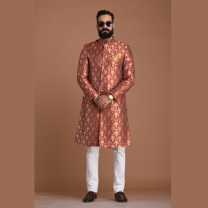 Golden Red Maharaja Style Banarasi Brocade Silk Sherwani | Regal Ethnic Wear | Jaipurio